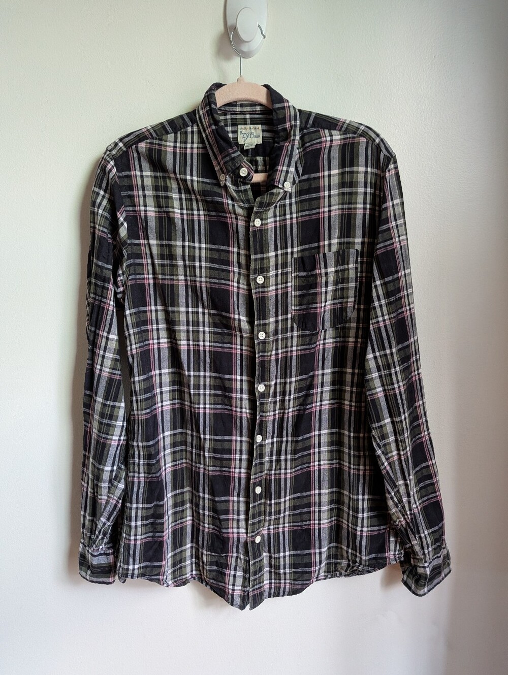 J. CREW Black Plaid Indian Madras Cotton Bohemian Button-Down Shirt Size Medium